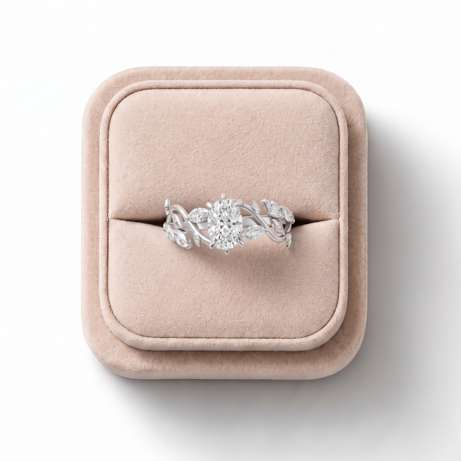 1.31 CT Nature Inspired Cushion Lab Grown Diamond Vine Engagement Ring, on a white background