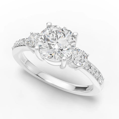 1.32 Ct Round Three-Stone Pavé Lab Grown Diamond Ring in white gold, angled view