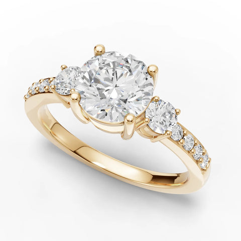 1.32 Ct Round Three-Stone Pavé Lab Grown Diamond Ring in yellow gold, angled view