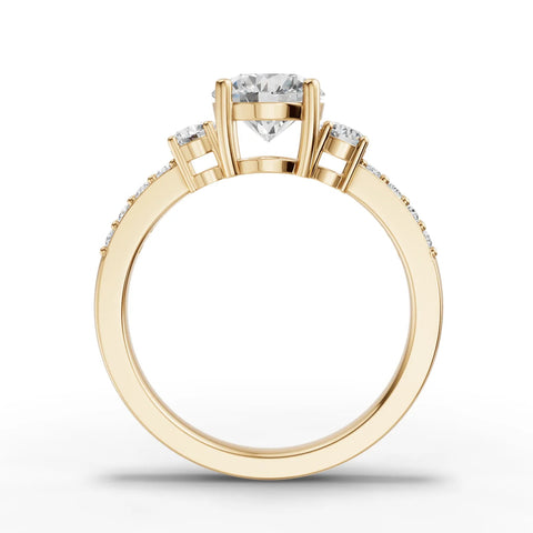 1.32 Ct Round Three-Stone Pavé Lab Grown Diamond Ring in yellow gold, close-up