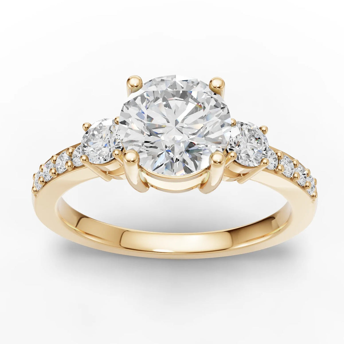 1.32 CT round lab-grown diamond three stone ring yellow gold top view