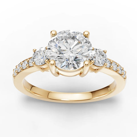 1.32 CT round lab-grown diamond three stone ring yellow gold top view