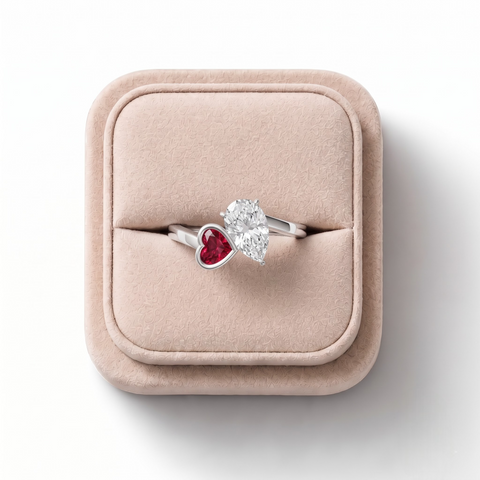 1.35 CT Pear With Heart Ruby Bypass Lab Grown Diamond Ring 1.00 CT Center in white gold, on a white background