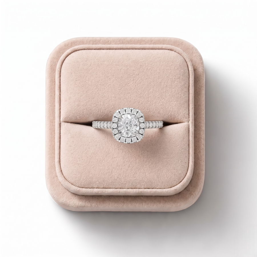 1.37 Ct Cushion Halo Lab Grown Diamond Ring in white gold, on a white background