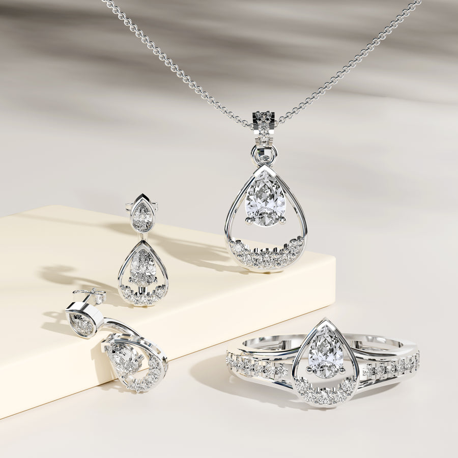 1.82 ct pear lab grown diamond jewellery set with teardrop ring, halo necklace and matching earrings