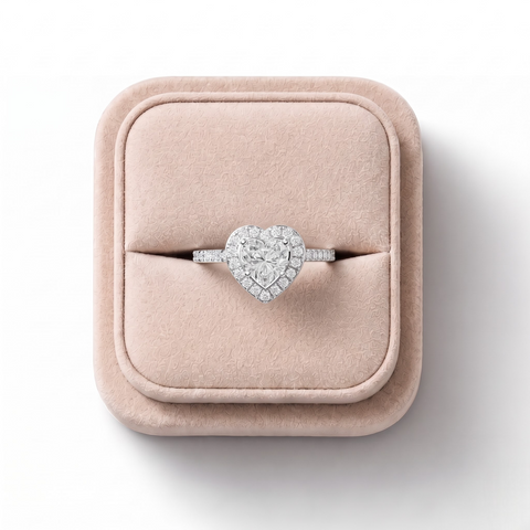1.41 CT Heart Halo With Side Stone Lab Grown Diamond Ring in white gold, on a white background