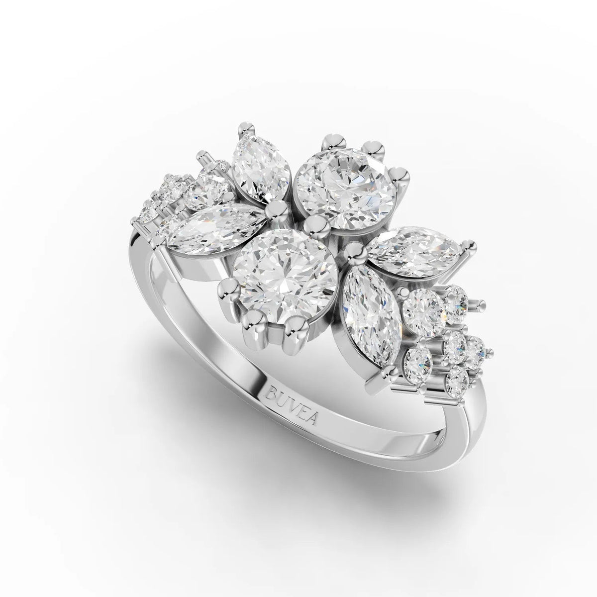 Floral multi-shape statement lab diamond ring featuring round and marquise diamonds set in an 18K gold band.