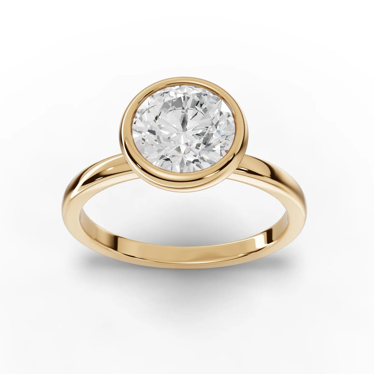1.50 CT bezel round lab-grown diamond ring yellow gold top view