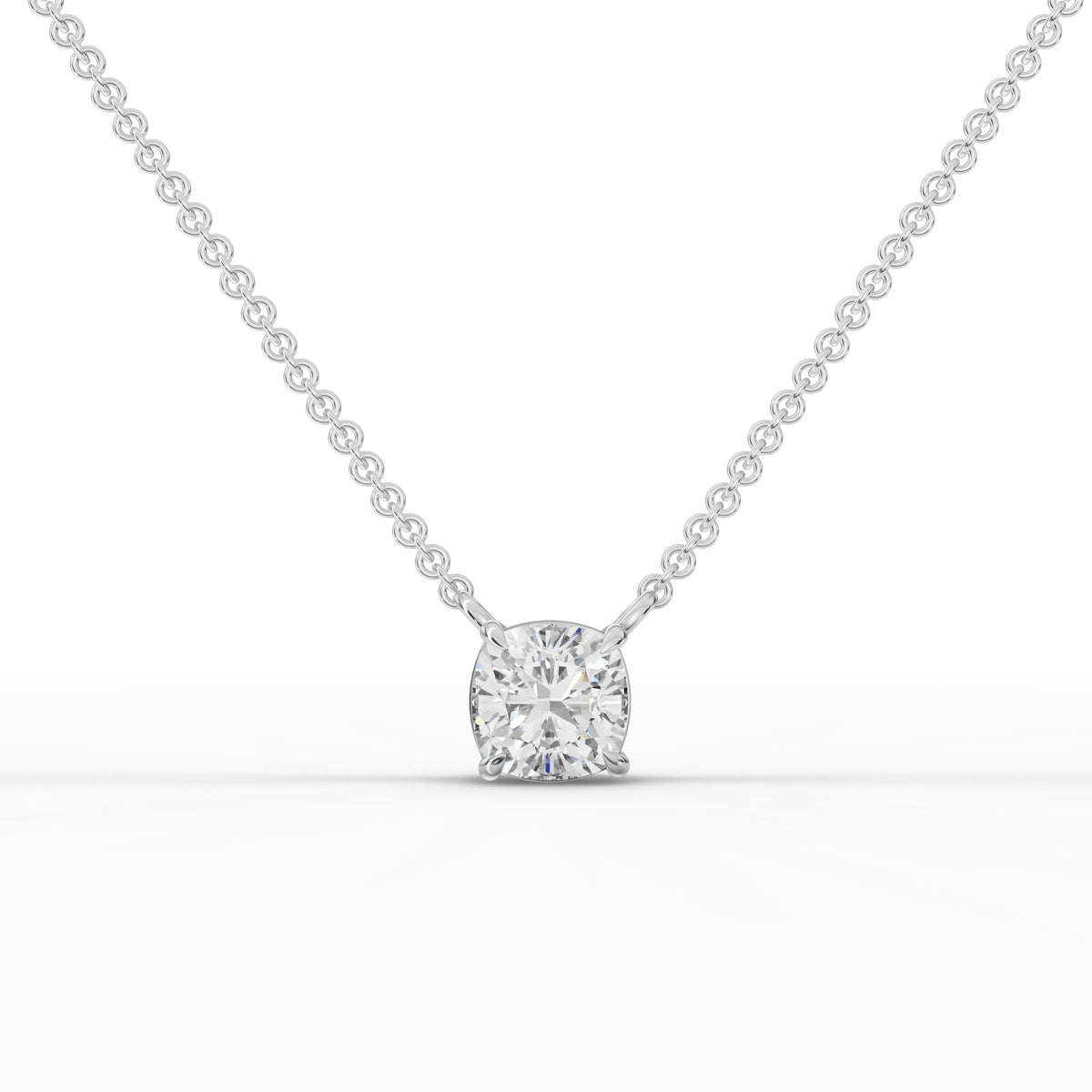 1.50 ct cushion cut lab grown diamond solitaire pendant necklace with four-prong setting and gold chain