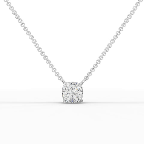 1.50 ct cushion cut lab grown diamond solitaire pendant necklace with four-prong setting and gold chain