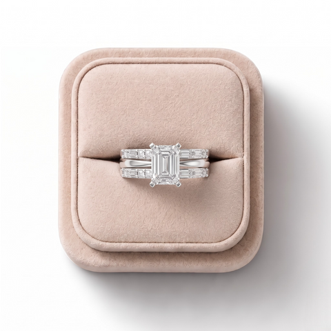1.50 CT Emerald Cut Lab Grown Diamond Ring Double Band Baguette Pavé 1.00 CT Center, on a white background
