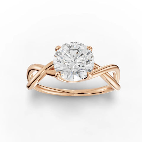 Round 1.50 Ct lab-grown diamond solitaire ring in 18k gold, featuring a sleek, twisted band design for a modern look.