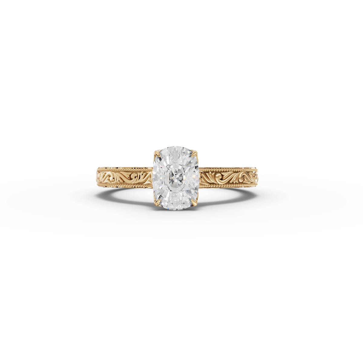 1.505 CT Cushion Lab Grown Diamond Ring with Cathedral Set and Milgrain Details in yellow gold