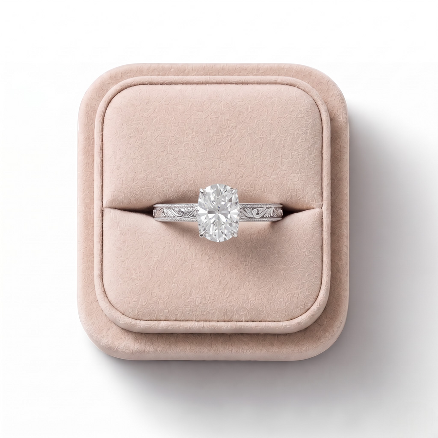 1.505 CT Cushion Lab Grown Diamond Ring with Cathedral Set and Milgrain Details, on a white background