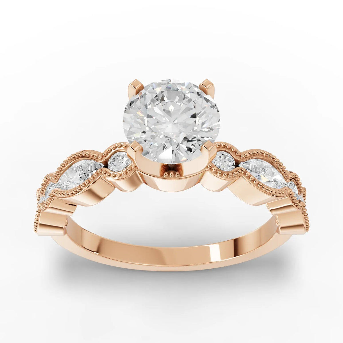 1.51 CT Round Solitaire With Side Stone Lab Grown Diamond Ring in rose gold, top view