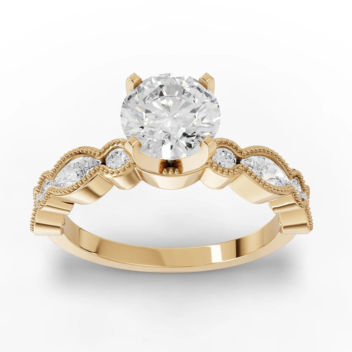 1.51 CT Round Solitaire With Side Stone Lab Grown Diamond Ring in yellow gold, top view