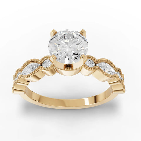 1.51 CT Round Solitaire With Side Stone Lab Grown Diamond Ring in yellow gold, top view