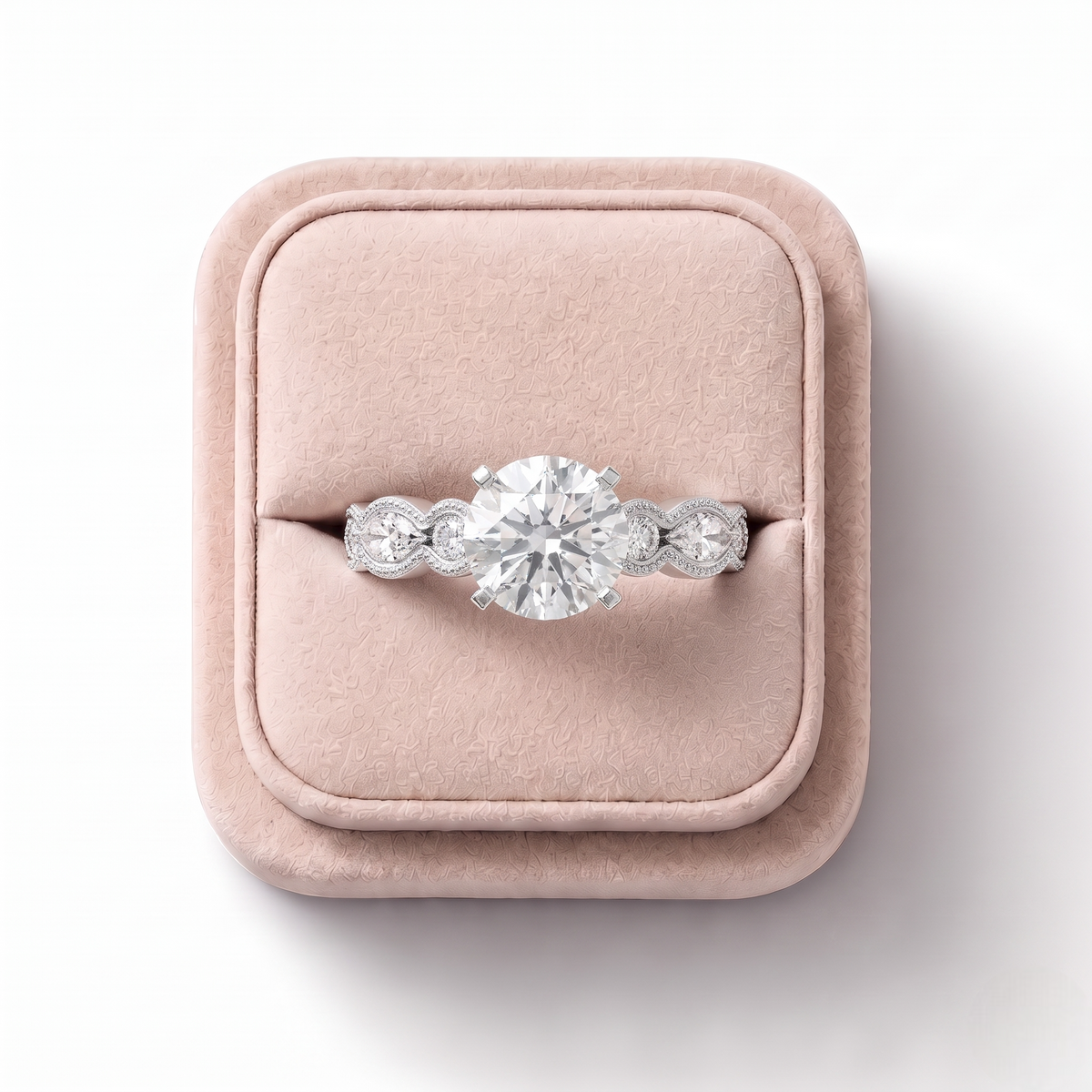 1.51 CT Round Solitaire With Side Stone Lab Grown Diamond Ring, on a white background