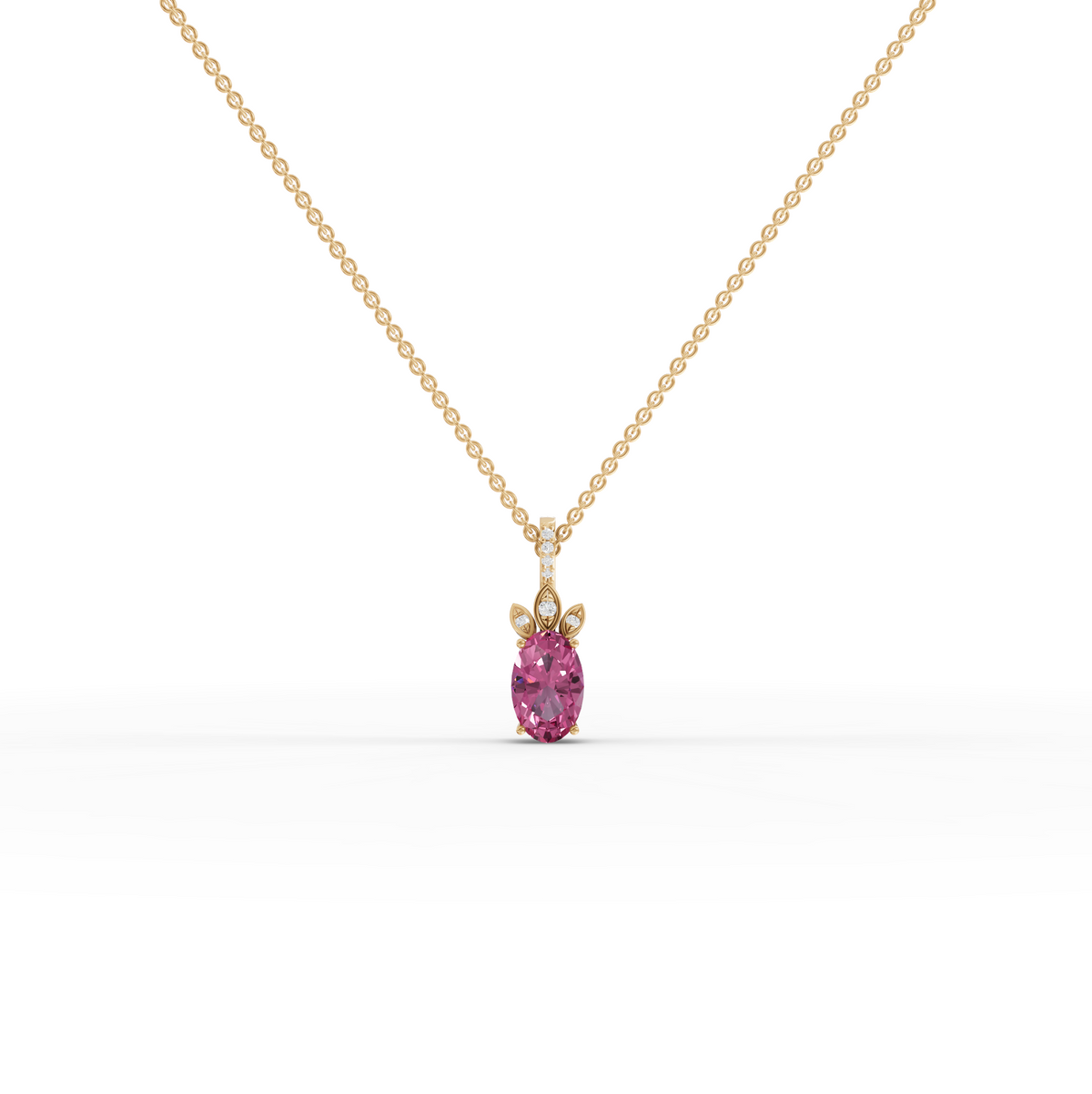 1.54 CT Oval Pink Tourmaline With Side Stone Lab Grown Diamond Pendant 1.00 CT Center in yellow gold