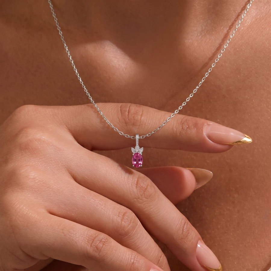 1.54 CT Oval Pink Tourmaline With Side Stone Lab Grown Diamond Pendant 1.00 CT Center, worn on the neck 2