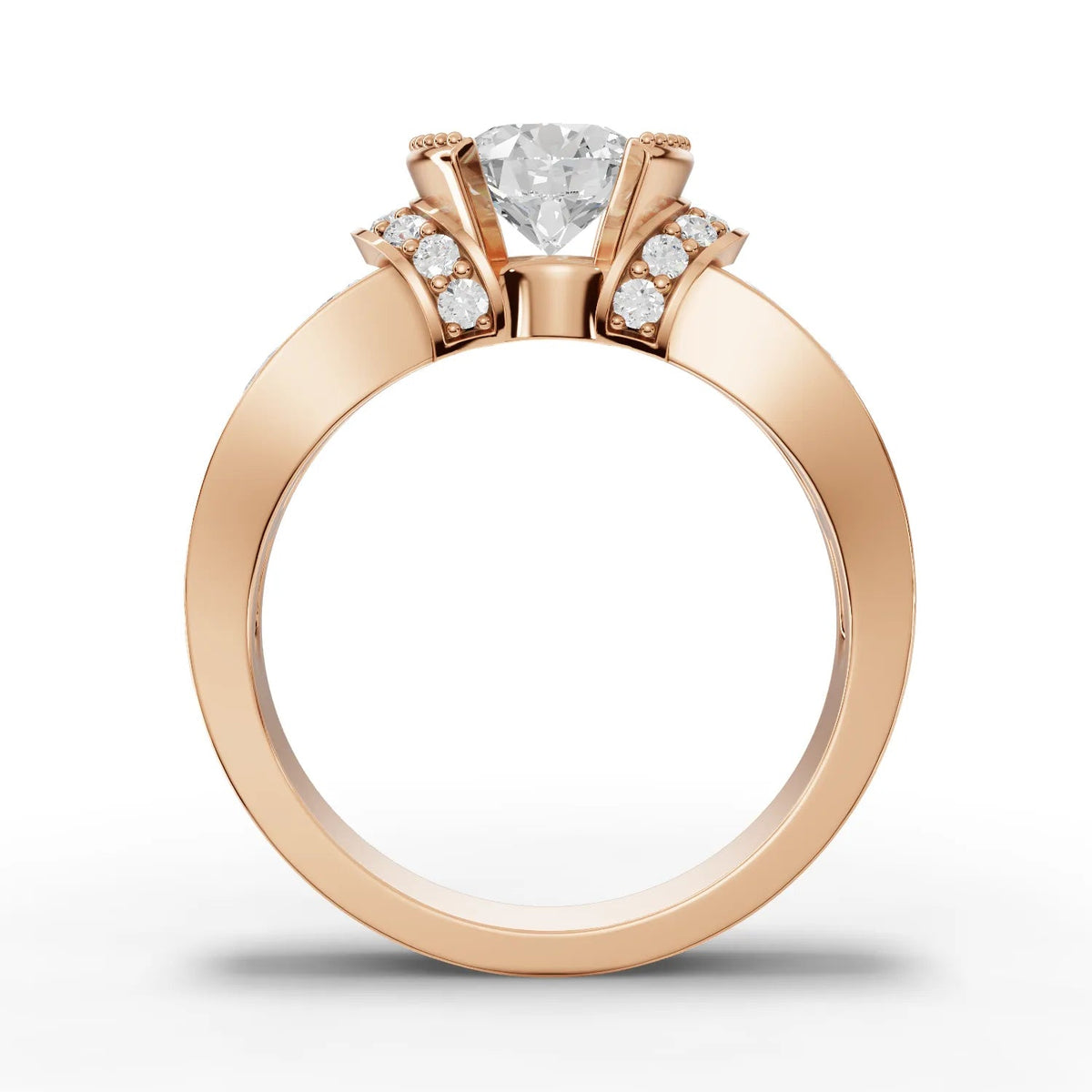 1.58 CT Round Halo With Side Stone Lab Grown Diamond Ring in rose gold, close-up