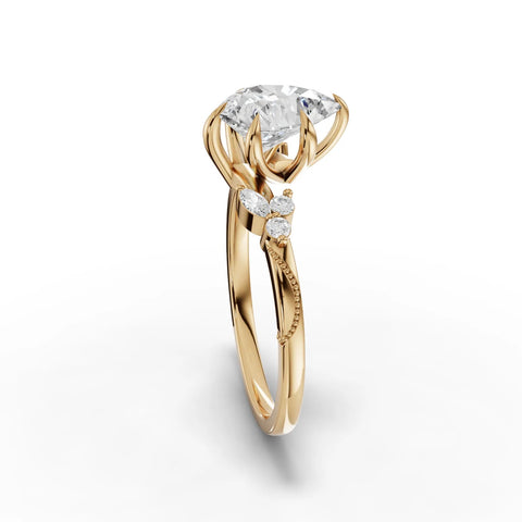 1.60 CT Pear Solitaire Lab Grown Diamond Accent Ring in yellow gold, close-up