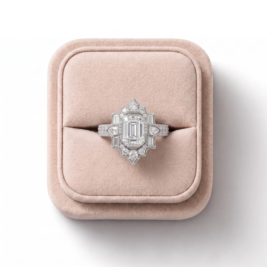 1.61 CT Emerald Halo Lab Grown Diamond Accent Ring, on a white background