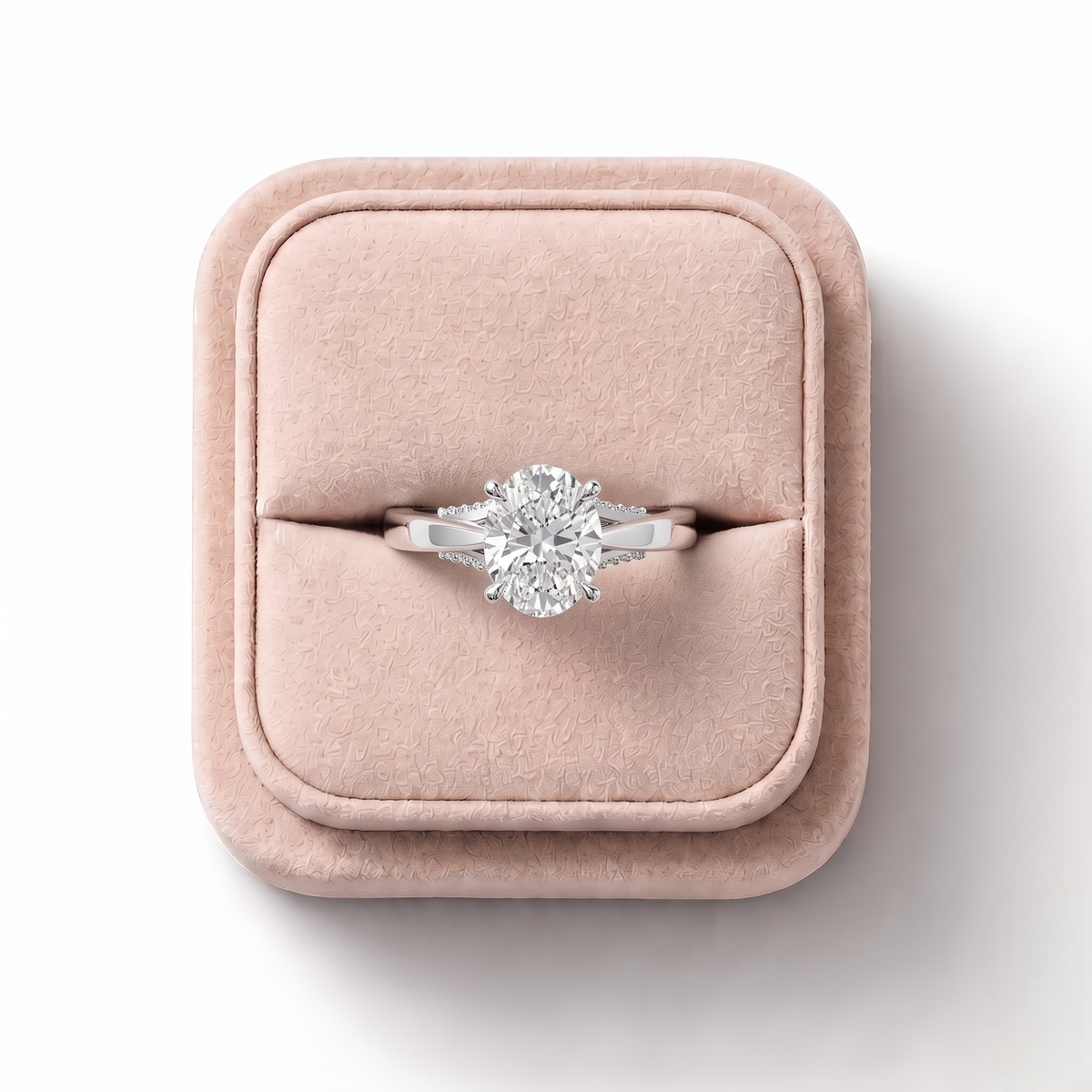 1.61 CT Oval Solitaire Hidden Halo Lab Grown Diamond Ring, on a white background