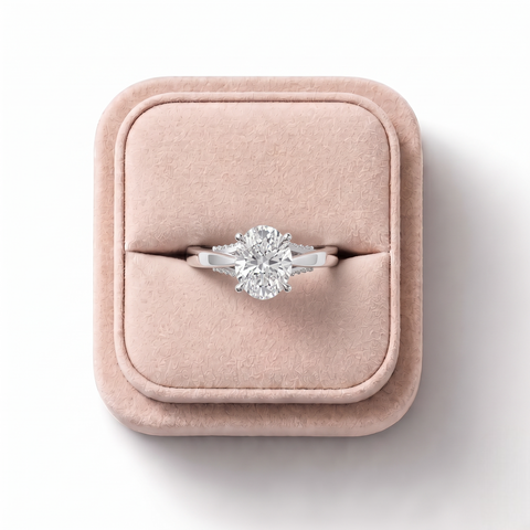 1.61 CT Oval Solitaire Hidden Halo Lab Grown Diamond Ring, on a white background