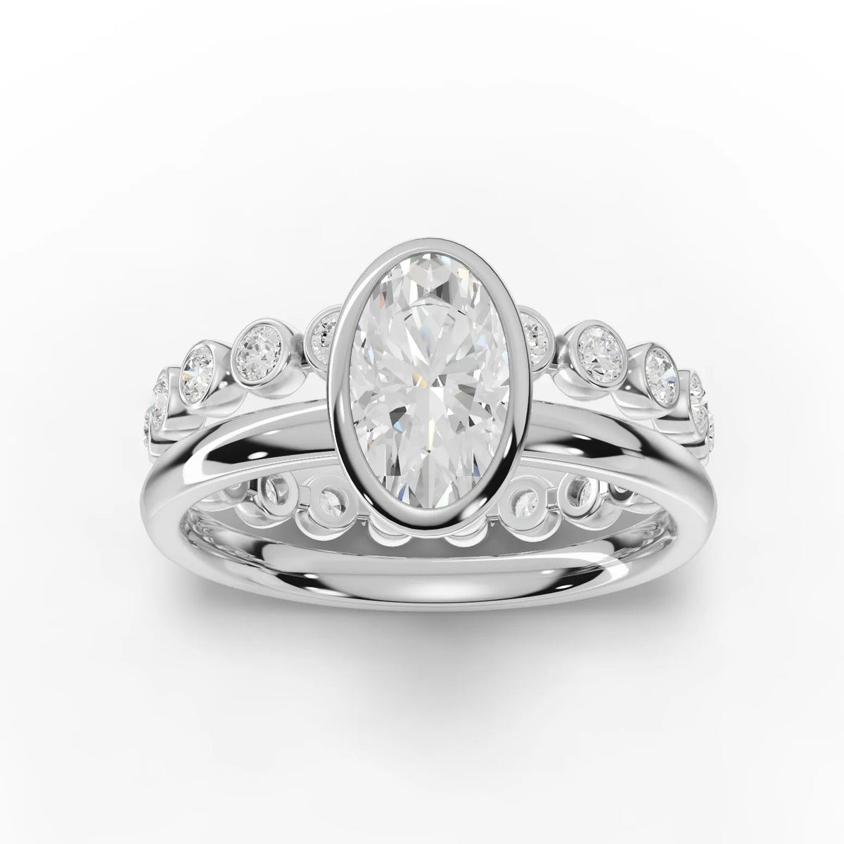 1.63 Ct oval lab grown diamond bezel ring with a polished 18K gold band and bezel-set side stones for added brilliance.