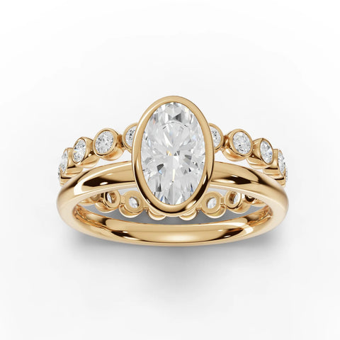 1.63 Ct oval solitaire ring featuring a central lab diamond and bezel-set side stones, crafted in polished 18K gold.