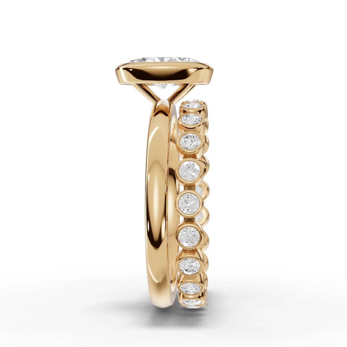 1.63 Ct oval solitaire ring with a bezel setting, featuring a polished 18K gold band and side bezel-set diamonds.