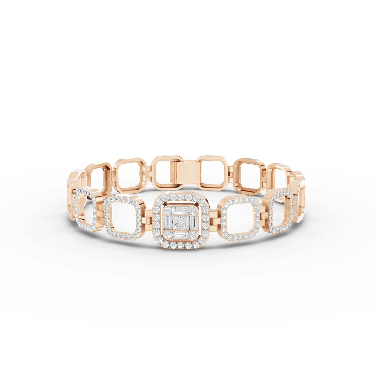 1.63 Ct Halo Lab Diamond Statement Bracelet featuring repeating square links, round and princess-cut diamonds in a rose gold setting.