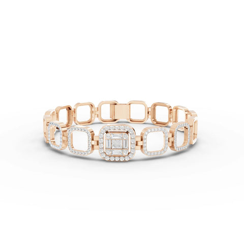1.63 Ct Halo Lab Diamond Statement Bracelet featuring repeating square links, round and princess-cut diamonds in a rose gold setting.