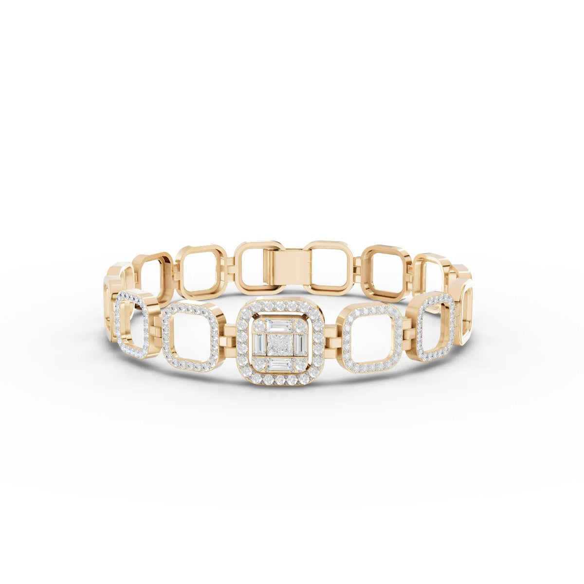 1.63 Ct halo lab diamond bracelet featuring a structured square-link design with micro-set round diamonds and a princess-cut center.