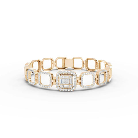 1.63 Ct halo lab diamond bracelet featuring a structured square-link design with micro-set round diamonds and a princess-cut center.