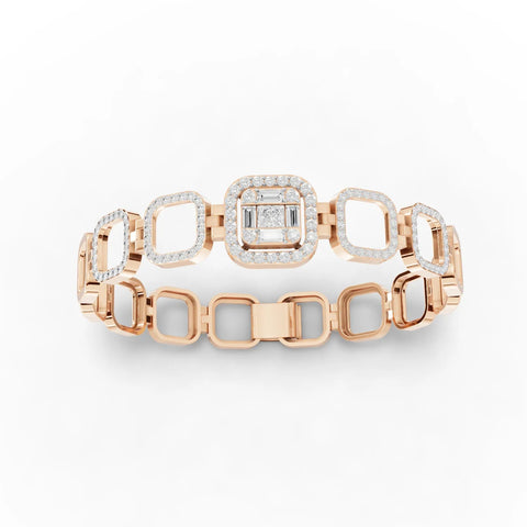 1.63 Ct halo lab diamond bracelet featuring a structured square-link design with a central princess-cut cluster in gold.