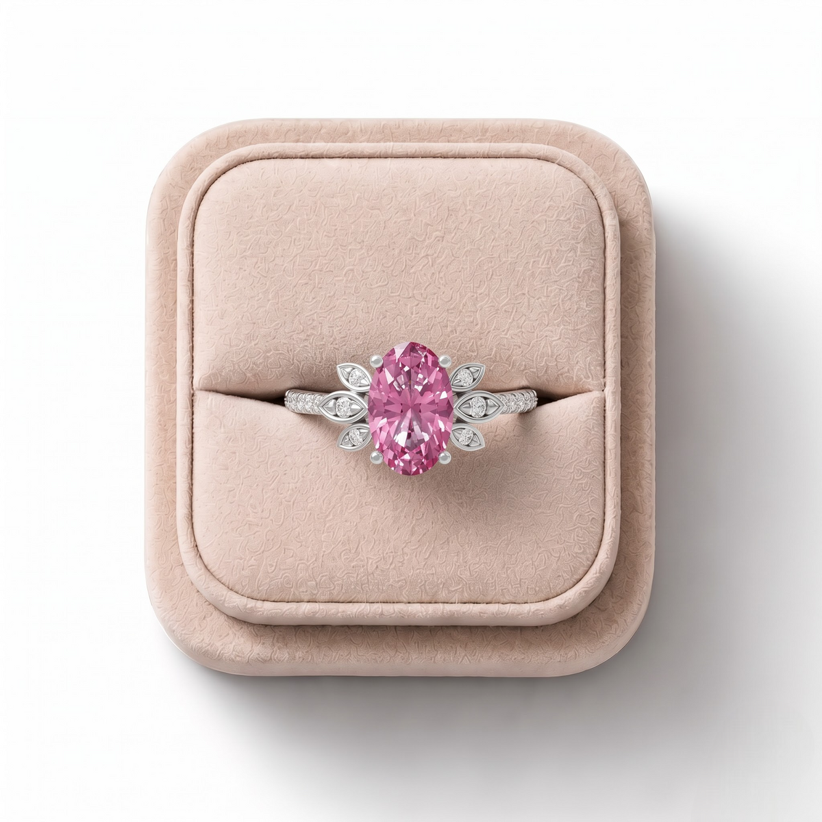 1.64 CT Oval Tourmaline Halo Lab Grown Diamond Ring 1.5 CT Center in white gold, on a white background