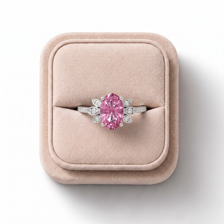1.64 CT Oval Tourmaline Halo Lab Grown Diamond Ring 1.5 CT Center in white gold, on a white background