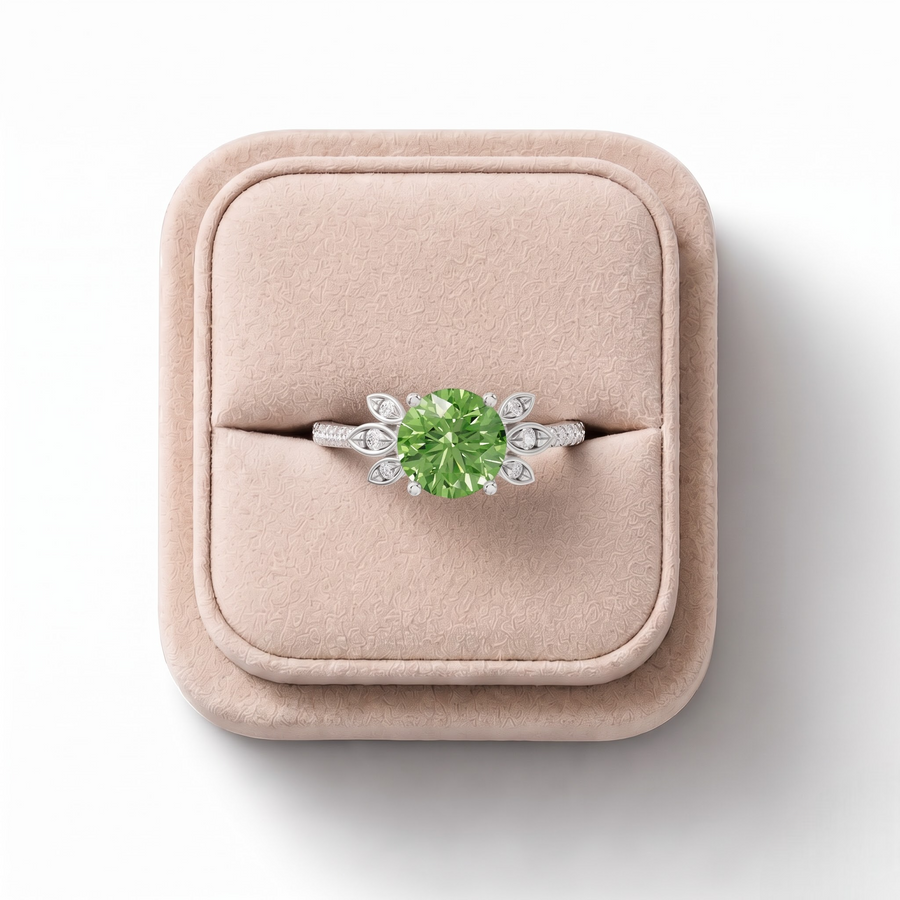 1.64 CT Round Lab Grown Diamond Emerald Floral Halo Pavé Band 1.50 CT Center, on a white background
