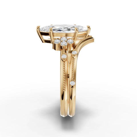 1.65 Ct marquise lab grown diamond ring featuring a prong setting and accent stones on a polished yellow gold band.