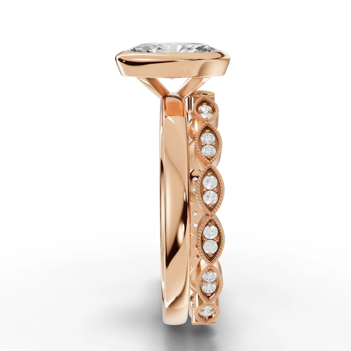 Oval lab-grown bezel ring rose gold close-up