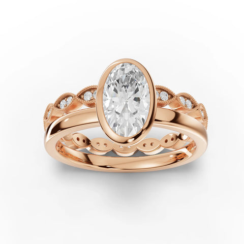 1.66 CT Oval Solitaire Bezel Lab Grown Diamond Bridal Set in rose gold, top view