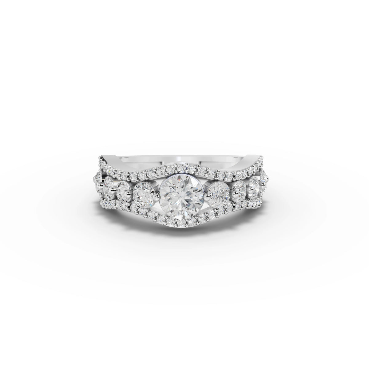 1.66 Ct round lab grown diamond statement ring with double halo and pavé band