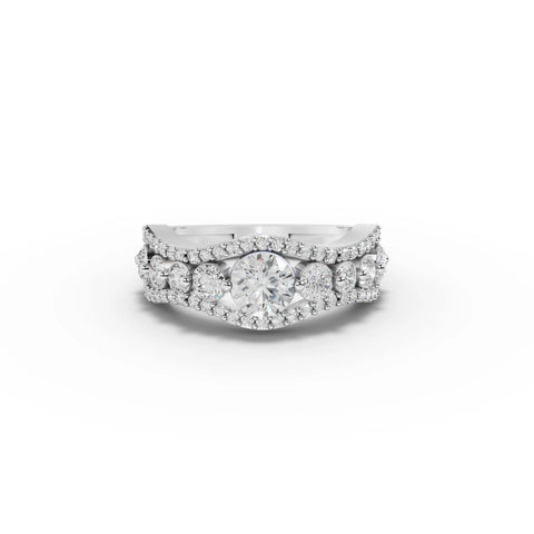1.66 Ct round lab grown diamond statement ring with double halo and pavé band