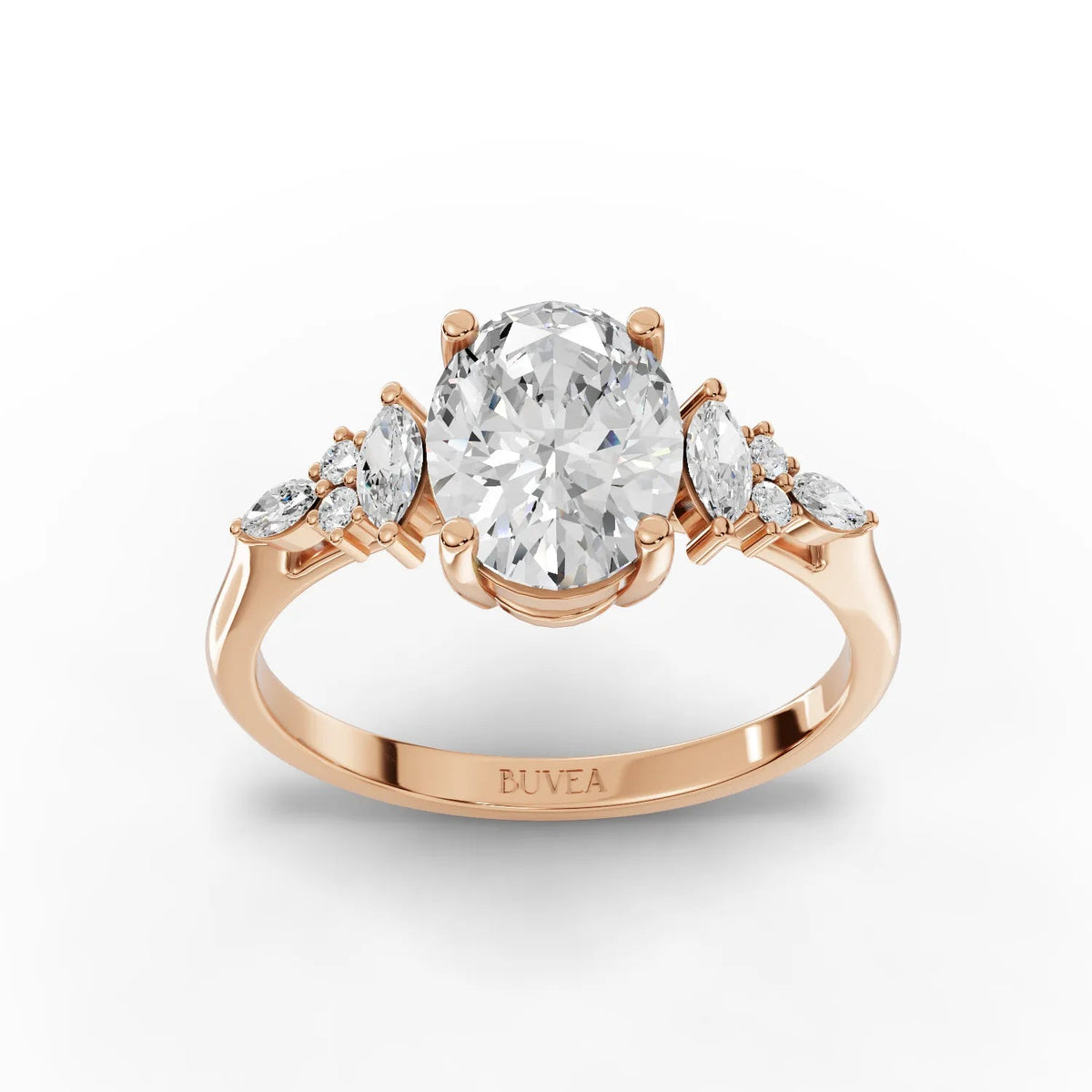 1.67 Ct oval lab grown diamond ring in 18K gold with marquise side stones and round accents, featuring a smooth band.