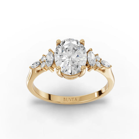 1.67 Ct oval solitaire ring with marquise side diamonds, set in a smooth 18K gold band, showcasing clear diamond brilliance.
