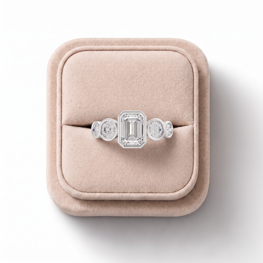 1.68 Emerald With Side Stone Engagement Ring, on a white background