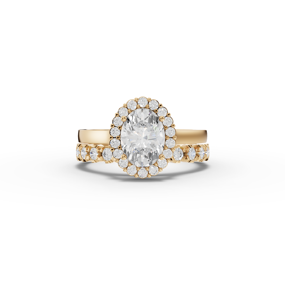 1.70 CT Oval Halo Lab Grown Diamond Bridal Ring Set in yellow gold