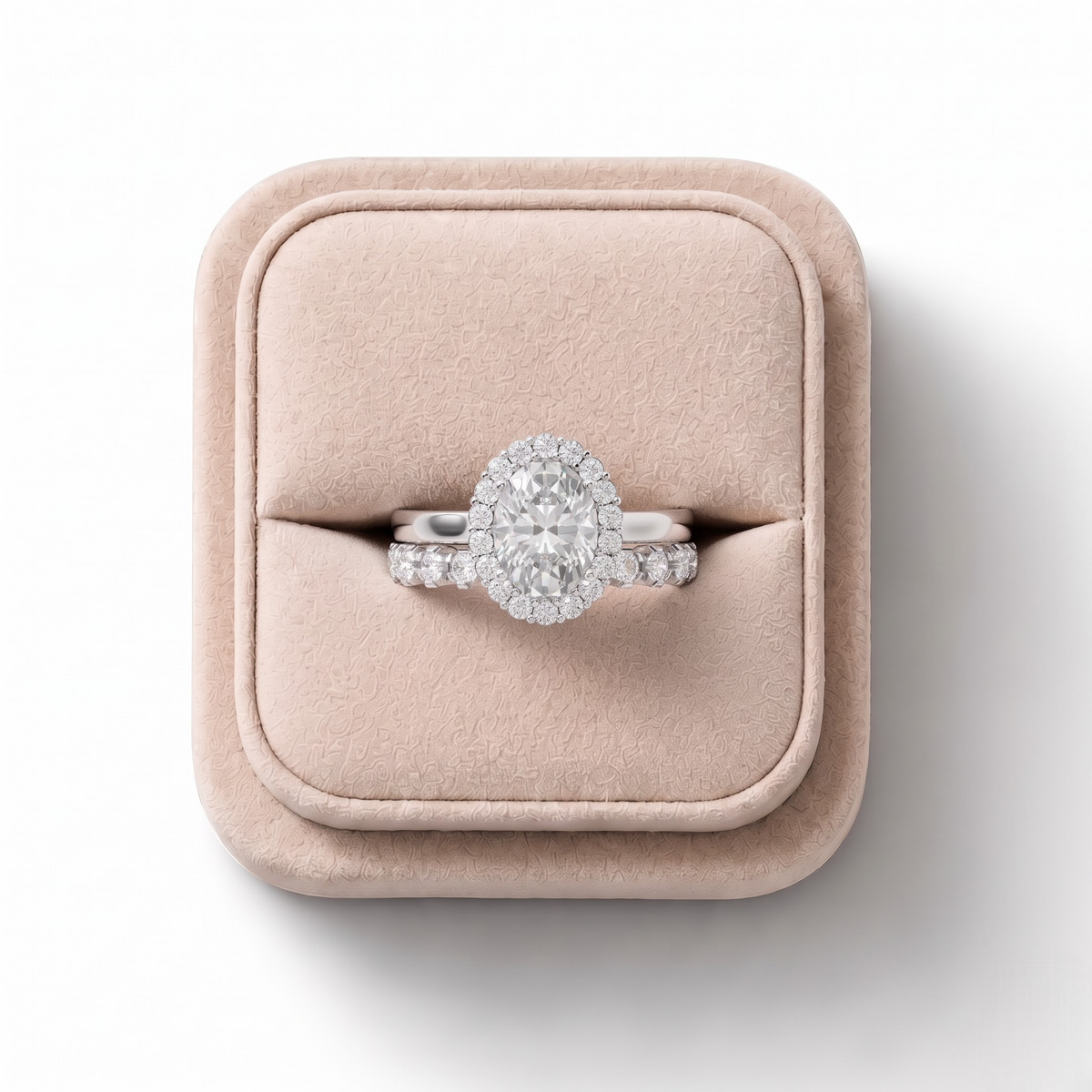 1.70 CT Oval Halo Lab Grown Diamond Bridal Ring Set, on a white background